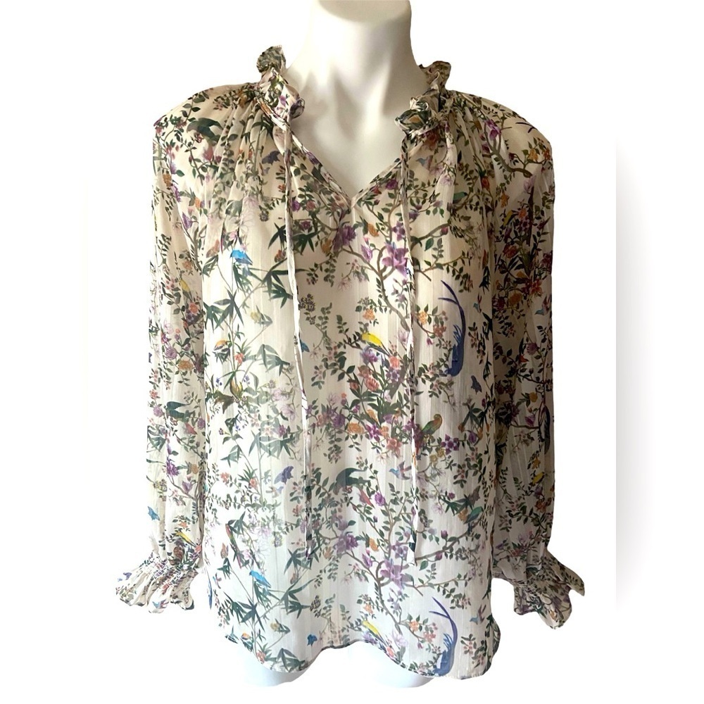 H&M Women’s Cream Birds And Floral Long Sleeve Sheer Peasant Blouse Size 8